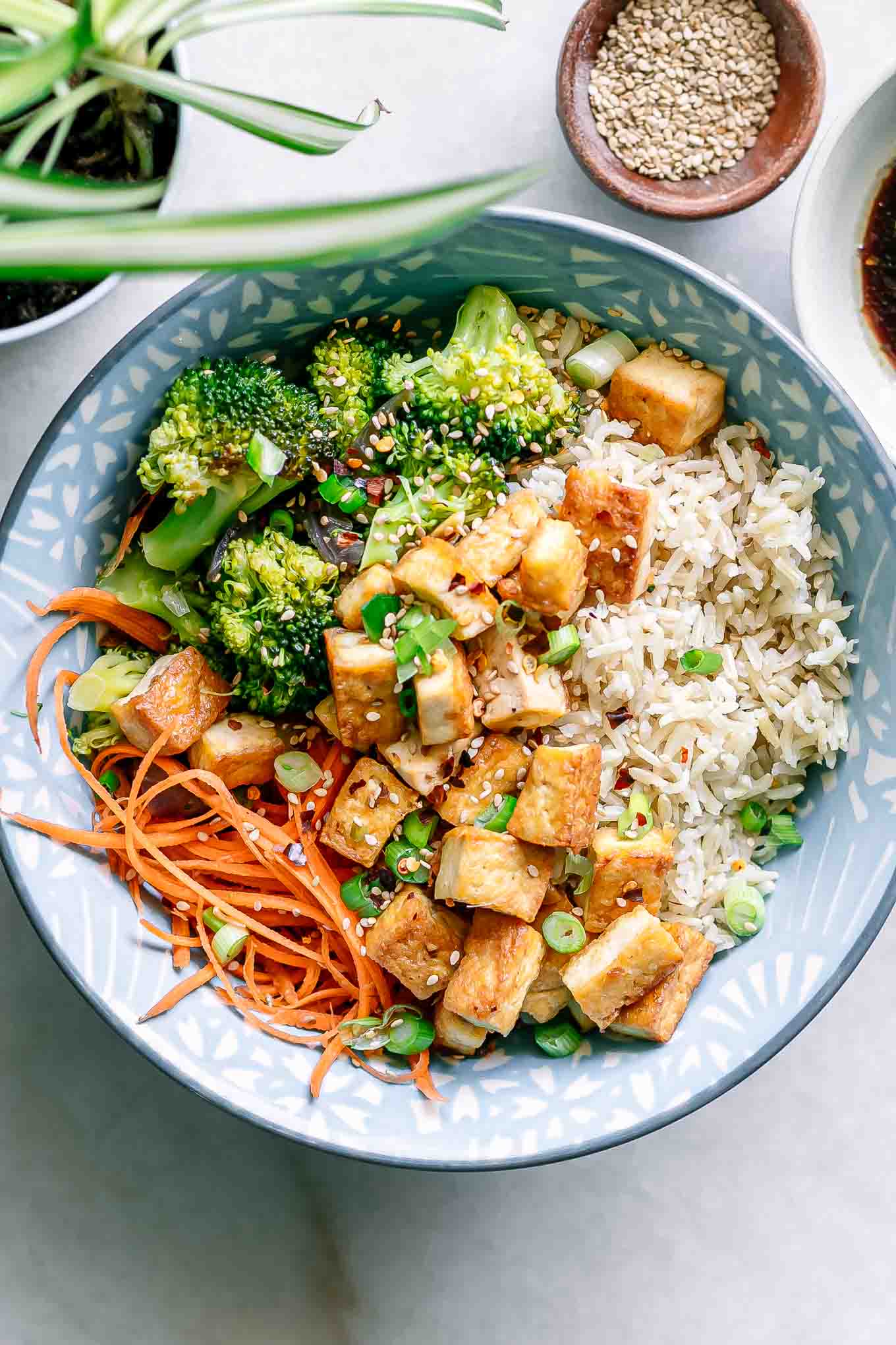 Roasted tofu, brokkoli, and rice